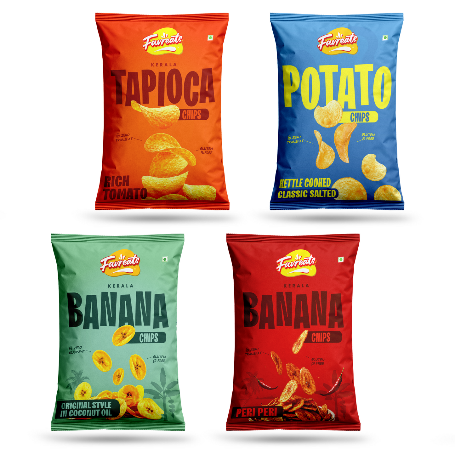 Favreats Snack Combo Pack of 4 | Banana, Peri Peri, Tapioca, Potato Chips