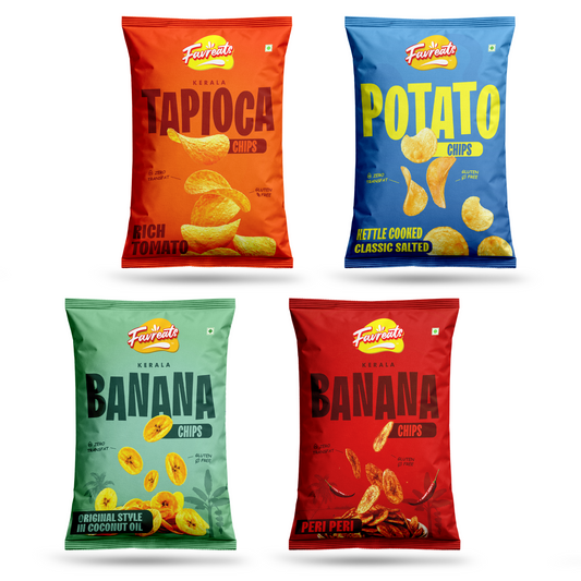 Favreats Snack Combo Pack of 4 | Banana, Peri Peri, Tapioca, Potato Chips