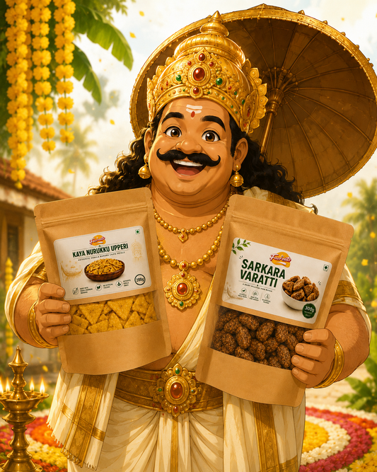 A stylized illustration of a maveli holding two bags of snacks, with one bag labeled 'Kaki Mowhani Upperri' and the other 'Sarkara Varatti'. 