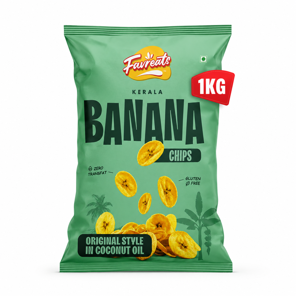 A 1kg bag of Favreats Kerala Banana Chips on a plain white background. The packaging is light green with bold black text, illustrations of sliced bananas, and a red '1KG' badge.