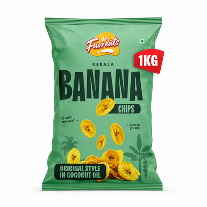 A 1kg bag of Favreats Kerala Banana Chips on a plain white background. The packaging is light green with bold black text, illustrations of sliced bananas, and a red '1KG' badge.