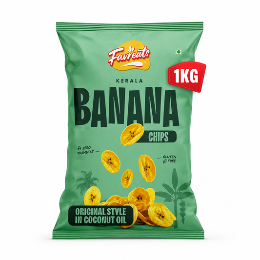 A 1kg bag of Favreats Kerala Banana Chips on a plain white background. The packaging is light green with bold black text, illustrations of sliced bananas, and a red '1KG' badge.