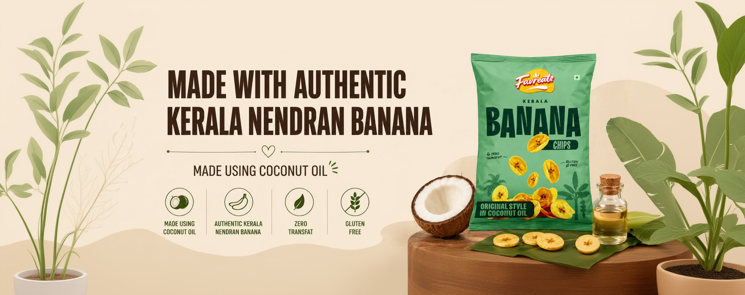 Banana chips packaging with ingredients and health benefits on a wooden board.