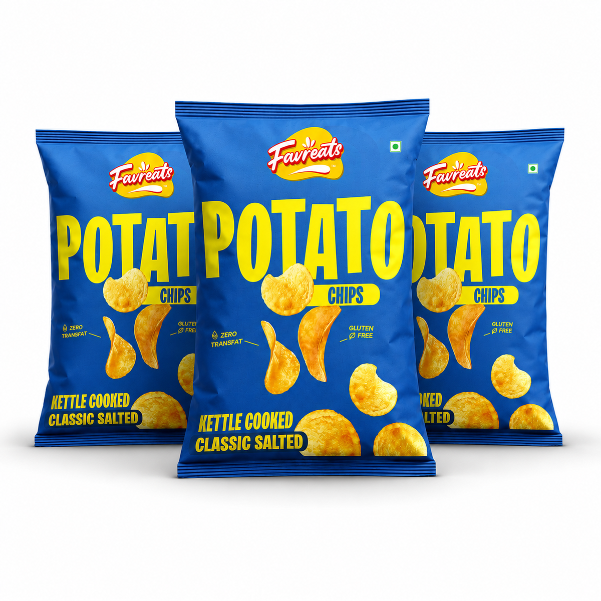 Three blue bags of Favreats Potato Chips arranged in a fan shape on a white background, with the middle bag in sharp focus and the two side bags slightly blurred.
