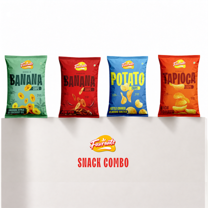 Four bags of Favreats branded snack chips are lined up on a white pedestal against a white background. The bags are green for Banana Sweet & Sour, red for Banana Spicy, blue for Potato Classic Flavour, and orange for Tapioca Rich Tomato.