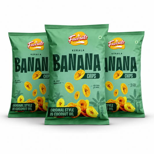 Three bags of Favreats Banana Chips arranged in a fan shape on a white background. The bags are light green with yellow banana slices and dark green text.