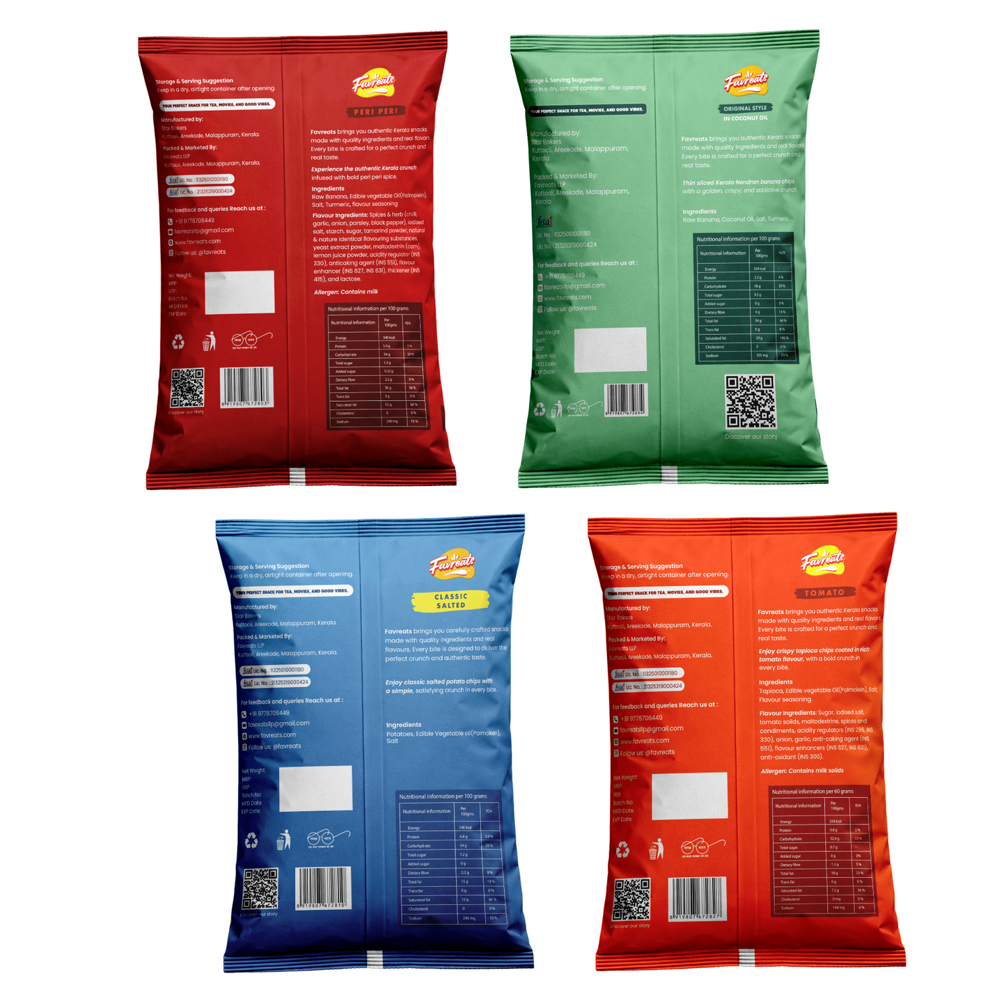 Favreats Snack Combo Pack of 4 | Banana, Peri Peri, Tapioca, Potato Chips
