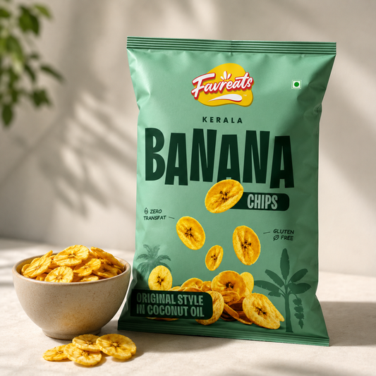 A bag of Faareats Kerala Banana Chips stands on a light surface beside a small bowl and loose chips, with soft shadowing and a plant in the background.